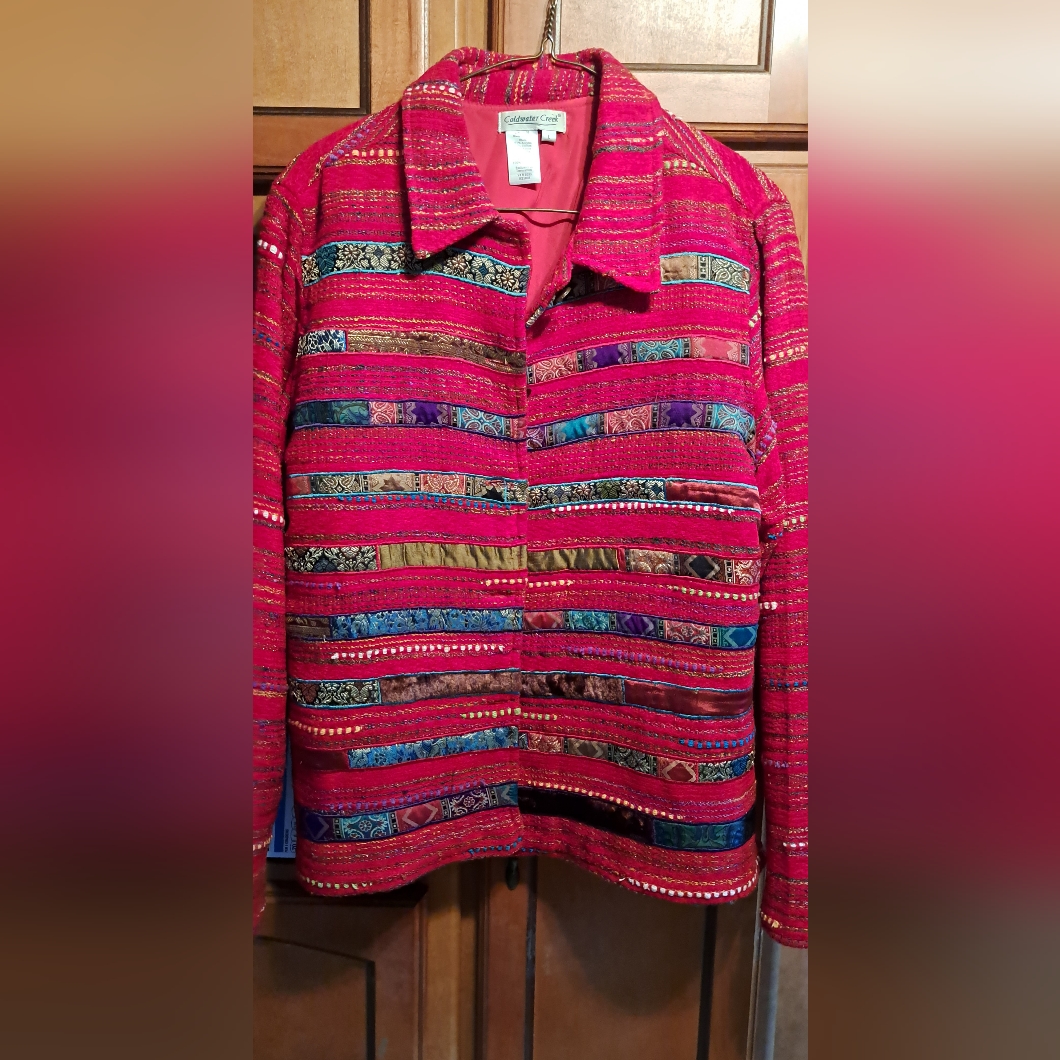 Ladies Coldwater Creek Red With Multi Colors Blazar Lrg Raised Lines/Velvet Etc.